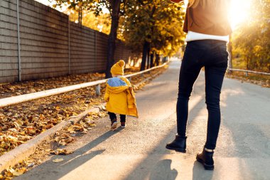Mutlu bir sonbahar yürüyüşü yapan aile, parkta yürüyen ve güzel sonbahar doğasının tadını çıkaran anne küçük bebek.