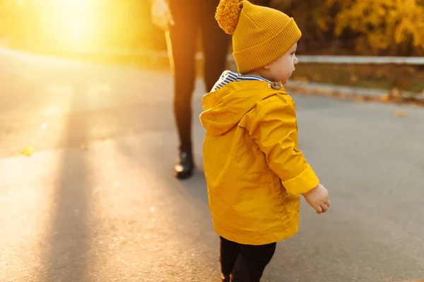 Boldog Család Egy Őszi Séta Anya Fia Sétálnak Parkban Élvezik — Stock Fotó