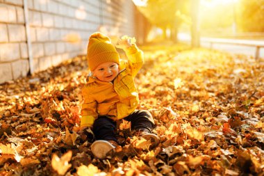 Mutlu güzel bebek, sonbahar kıyafetleri içinde, sonbahar parkında, yaprakların arasında eğleniyor.