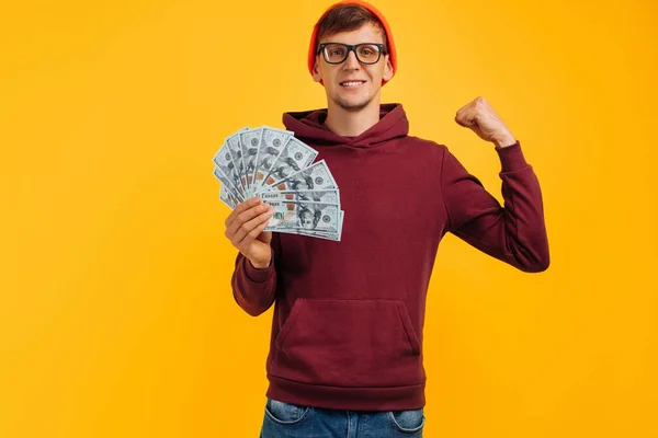 Handsome Guy Wearing Orange Hat Glasses Red Sweatshirt Holding Fan — Stock Photo, Image