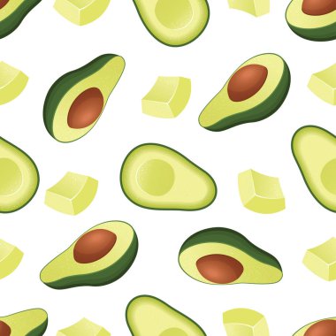 Avokado dilimleri ve yarısı beyaz arka planda. Kusursuz vektör deseni.