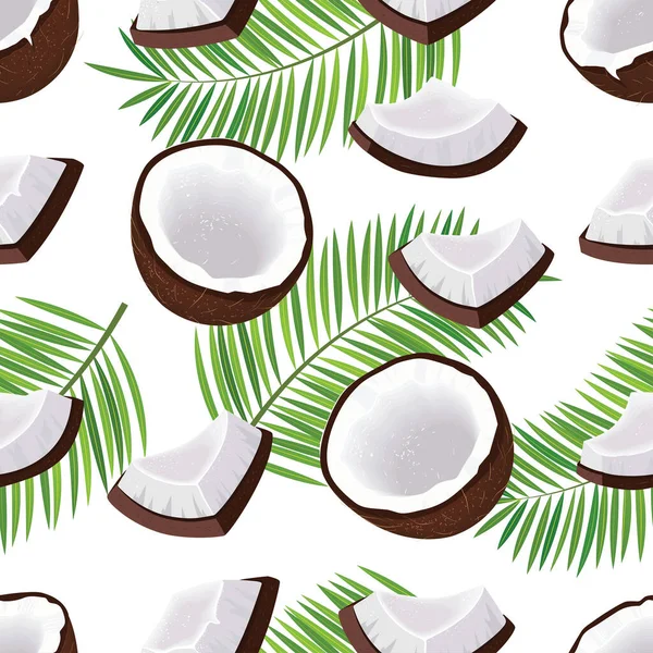 Padrão Vetorial Suave Com Cocos Pedaços Coco Folhas Palma — Vetor de Stock