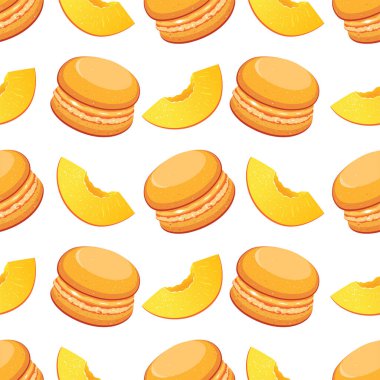 Makarna keki ve şeftali dilimleriyle kusursuz vektör deseni. Vektör illüstrasyonu.