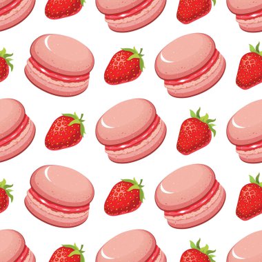 Çilekli kek, makarna ve çilekli böğürtlenli kusursuz desen. Vektör illüstrasyonu.
