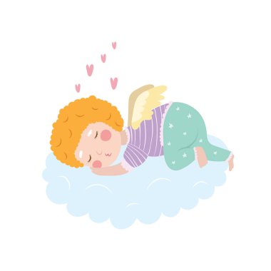Küçük tatlı bir melek bulutun üstünde uyuyor. Bayramlar için tebrik kartı Sevgililer günü, Noel, bir bebeğin doğumu.