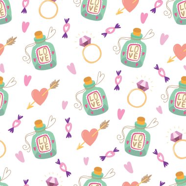 Şişeli, yüzüklü, kalpli, şekerli kusursuz vektör deseni. Sevgililer Günü için arkaplan.