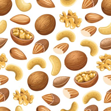 Beyaz arka planda ceviz ve badem desenleri var. Vektör illüstrasyonu.