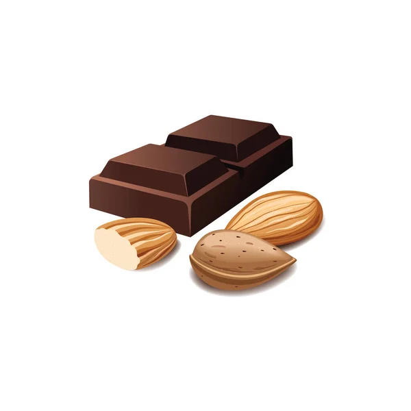 Une Tranche Chocolat Noir Aux Amandes Illustration Vectorielle Sur Fond — Image vectorielle