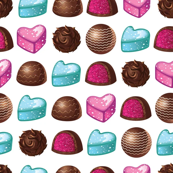 Vector Seamless Pattern Different Types Candy Chocolate Glossy Truffles Filling — Stock Vector