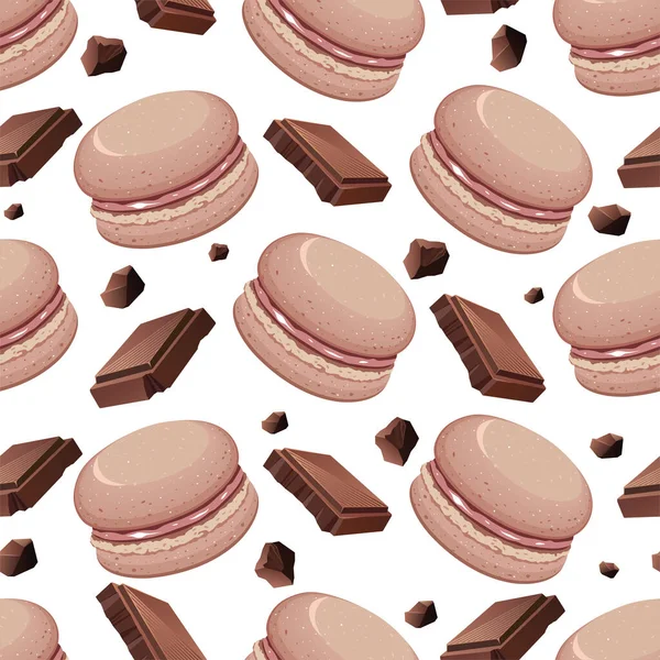 Naadloos Patroon Met Chocolade Macaroni Cake Chocolade Plakjes Witte Achtergrond — Stockvector