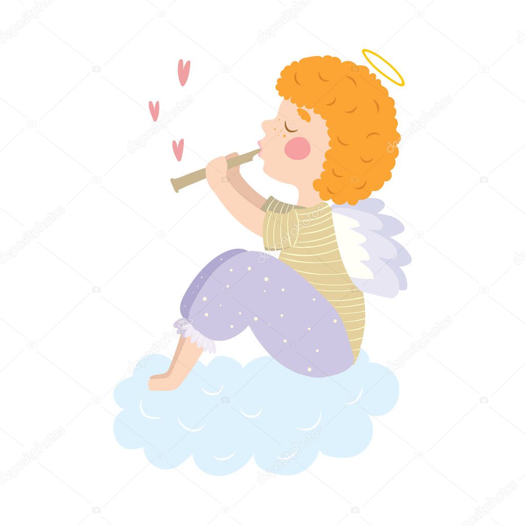 A little angel boy plays a pipe and sits on a cloud. Greeting card for the holidays Valentine's Day, Christmas, the birth of a baby.
