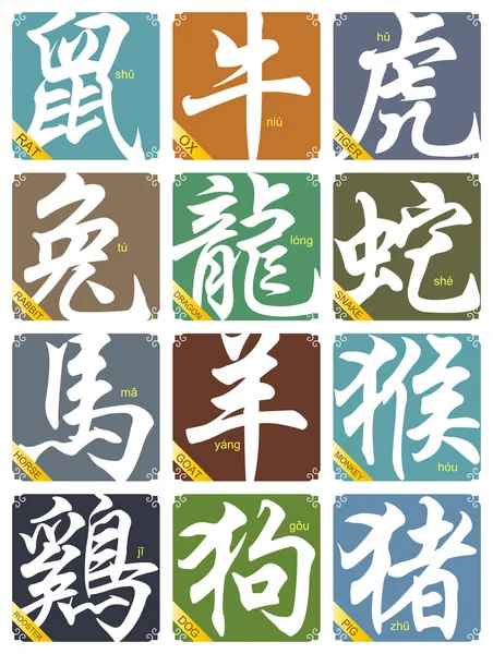 Ensemble de signes du zodiaque chinois vectoriel 12 — Image vectorielle