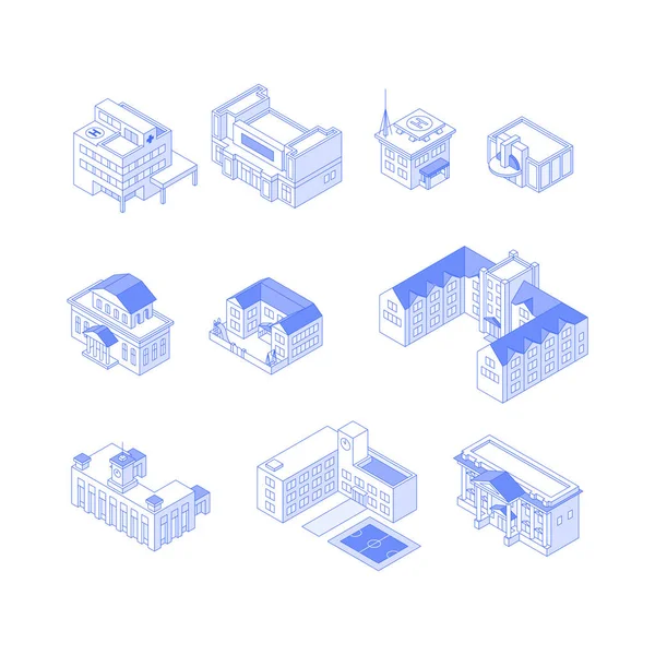 Isométrico Monocromo línea de arte del centro de la colección de edificios — Archivo Imágenes Vectoriales