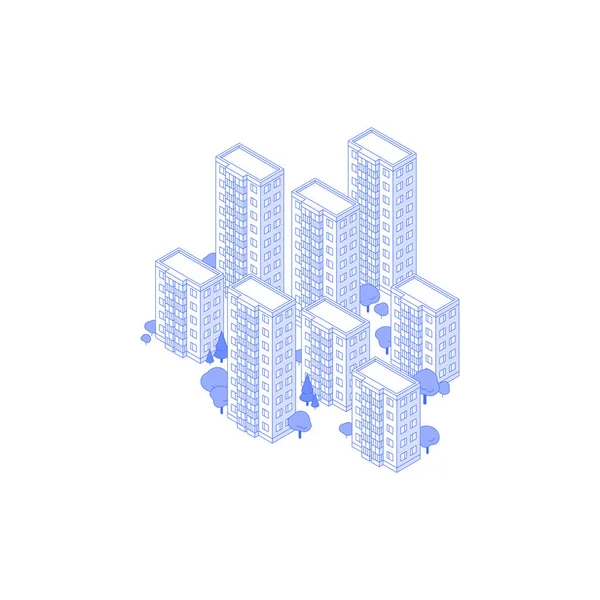 Isometrisk monokrom linje konst isometrisk höghus bostadsområde illustration — Stock vektor