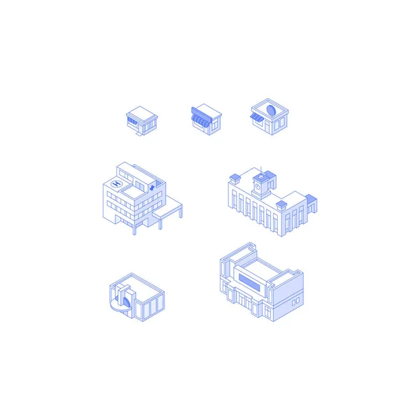 Isometric Monochrome line art downtown buildings collection Stock Vektory