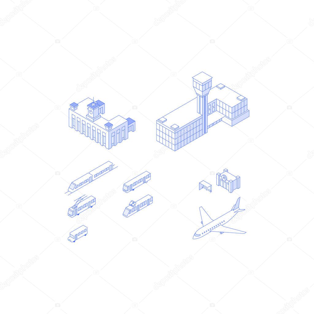 Public transport isometric elements collection