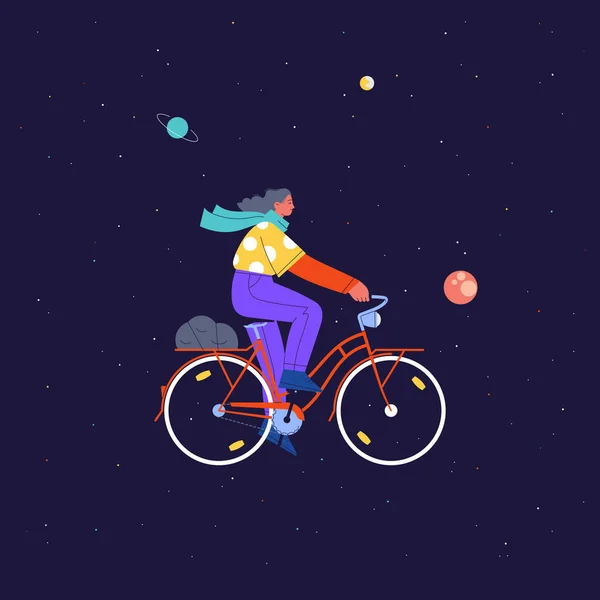 En flicka som cyklar i yttre rymden — Stock vektor