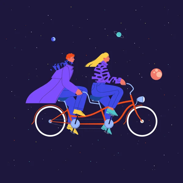Uzayda bisiklet süren bir çift — Stok Vektör