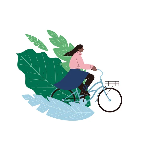 葉の上をサイクリングする女の子 — ストックベクタ