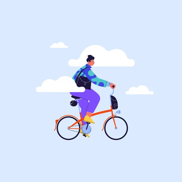 Una mujer en bicicleta en el cielo azul — Vector de stock