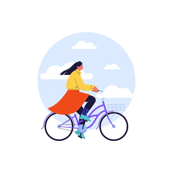 Una niña en bicicleta en el cielo azul — Vector de stock