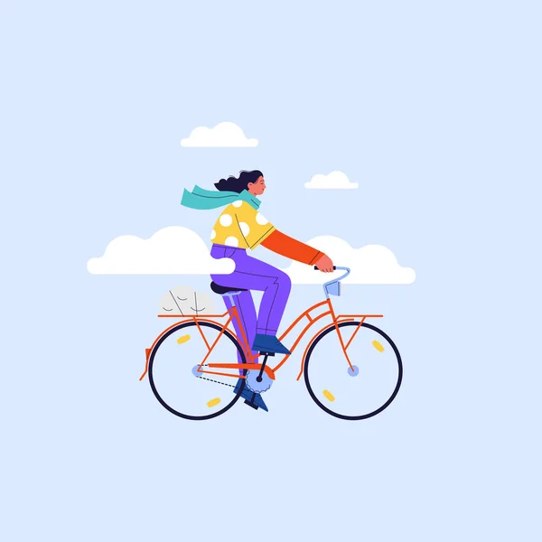 Una niña en bicicleta en el cielo azul — Vector de stock