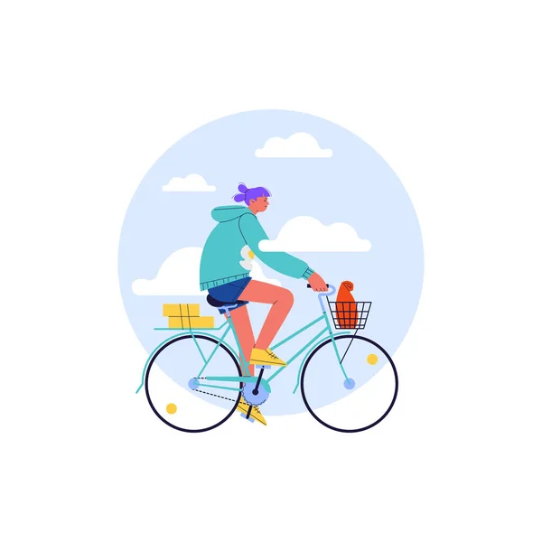 Una niña en bicicleta en el cielo azul — Vector de stock