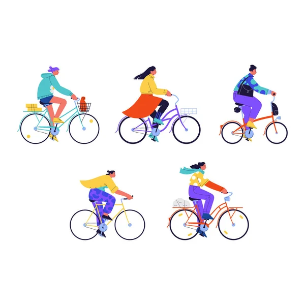 Female city cyclists illustrations set — Stock Vector