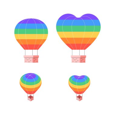 Gökkuşağı bayraklı sıcak hava balonları. Isometric ve düz gökkuşağı Aerostat. Organik düz çizimler koleksiyonu