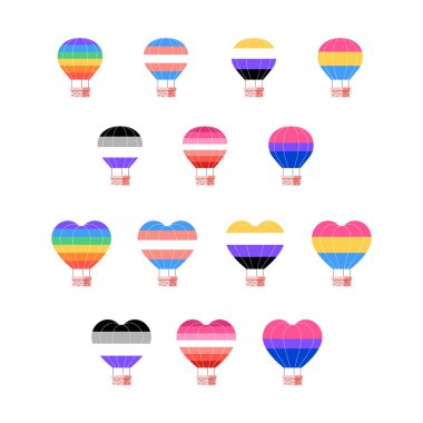 Gökkuşağı bayraklı sıcak hava balonları. Gökkuşağı Aerostatları. Organik düz çizimler koleksiyonu