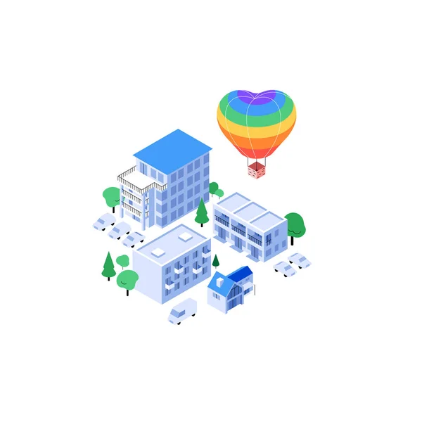 Hjärtformad regnbågsballong ovanför bostadsområdet. Isometriska moderna lägenhetshus block platt illustration — Stock vektor