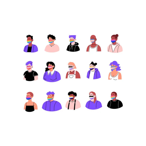 Collezione di ritratti. Persone diverse di identità diverse etnie e sessualità. Maschere facciali con diverse bandiere di orgoglio. Illustrazione piatta organica a colori. — Vettoriale Stock