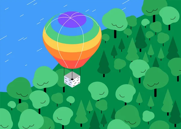 Szivárvány hőlégballon a zöld park felett. Erdőben a folyó mellett. Izometrikus lapos illusztráció. — Stock Vector