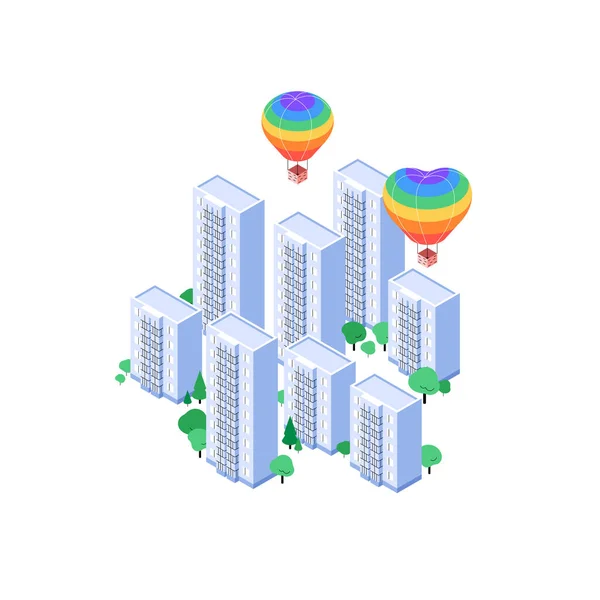 Två regnbågsballonger ovanför bostadsområdet. Isometrisk höghus lägenhet hus platt illustration — Stock vektor