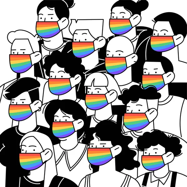 虹の顔のマスクを身に着けている異なるアイデンティティの民族性とセクシュアリティの異なる人々の群衆のモノクロームのイラスト。プライド月間 — ストックベクタ