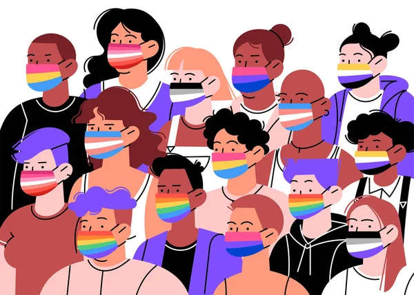 Diferentes personas de diferentes identidades étnicas y sexualidad. Máscaras con banderas de orgullo. Ilustración plana orgánica horizontal. Mes del Orgullo Covid — Archivo Imágenes Vectoriales