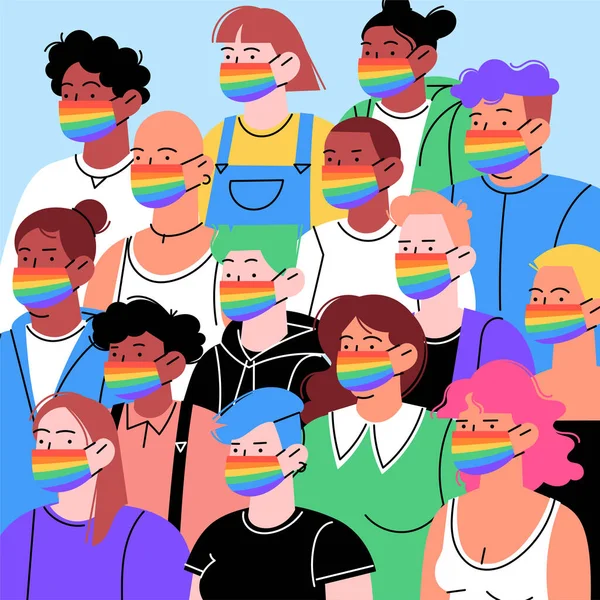 Ilustração plana orgânica de uma multidão de pessoas diferentes de diferentes identidades etnias e sexyality usando máscaras de arco-íris. Mês do orgulho —  Vetores de Stock