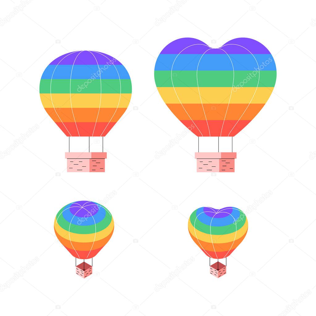 Hot air balloons with rainbow pride flags. Isometric and flat rainbow aerostats. Collection of organic flat illustrations
