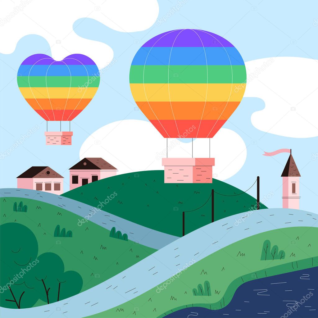 Two rainbow hot air balloons above the green village and country road. Organic flat Pride month illustration