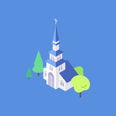İzometrik kilise dairesi çizimi. Etrafı ağaçlarla çevrili bir kilise.