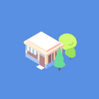 İzometrik küçük işletme, düz çizimler yapıyor. Mavi çizgili tenteli ve ağaçlı bir kafe.