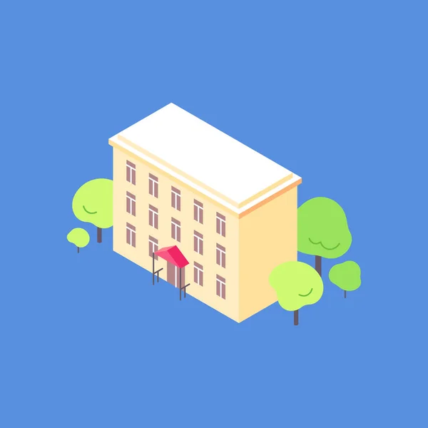 Isometrisk gammal lägenhet hus platt illustration. Lägenhet gård med träd runt — Stock vektor
