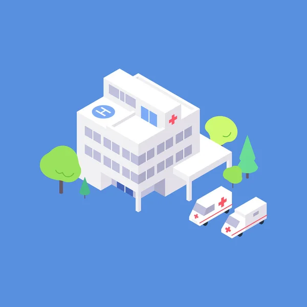 Isometric clinic building flat illustration. Hospital yard with trees and ambulance parking — Stock Vector