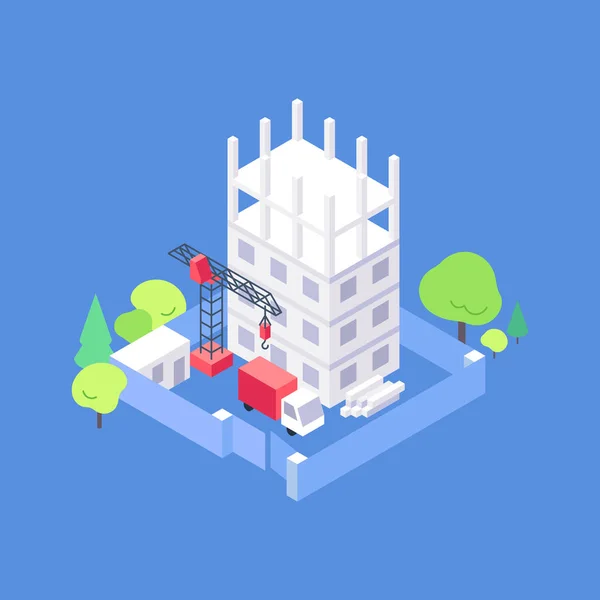 Isometrisk lägenhet hus utveckling platt illustration. Byggarbetsplats med träd lastbil kran och material — Stock vektor