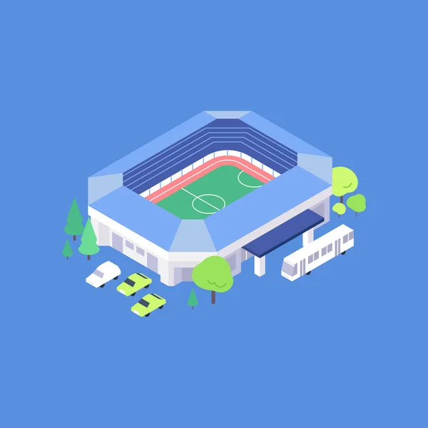 Изометрическое спортивное поле с плоской иллюстрацией. Двор стадиона с деревьями и парковкой — стоковый вектор