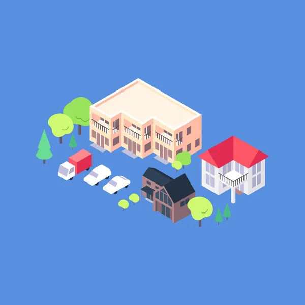 Ilustración plana de zona residencial isométrica. Condominio y casa de campo con árboles y estacionamiento — Vector de stock