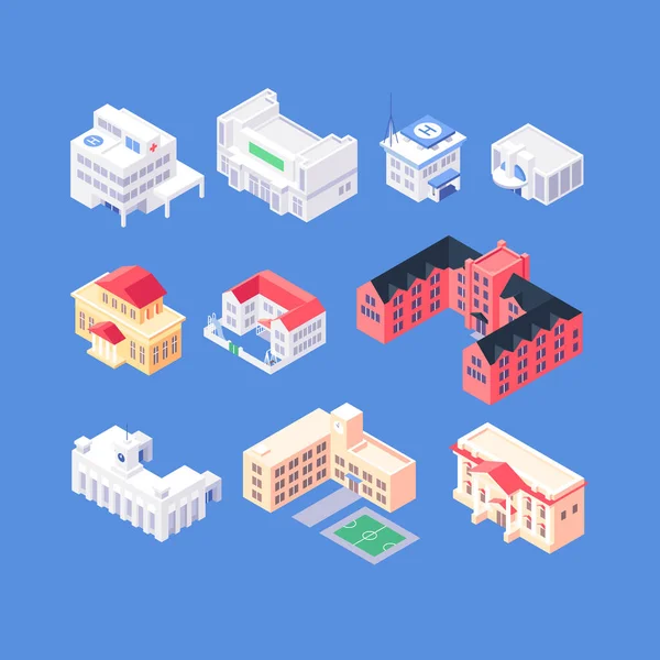 Set of isometric objects. Organic flat downtown buildings collection. Hospital, theatre, police office, cinema, museum, kindergarten, univetsity, railway station, school, city hall — Stock Vector