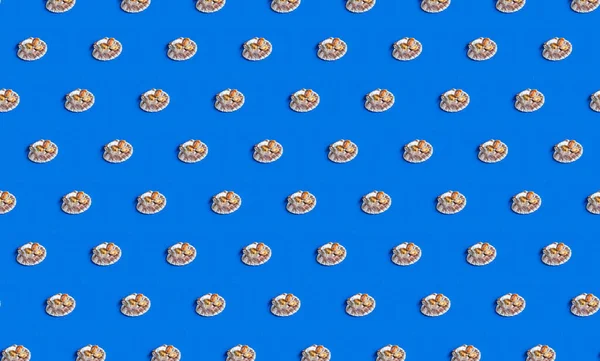Геометрический Рисунок Замороженного Очищенного Мяса Мидии Льдом Раковине Моллюсков Синем — стоковое фото