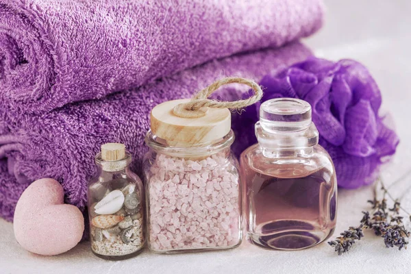 Tutup Foto Lavender Aroma Garam Mandi Esensi Sabun Spons Untuk — Stok Foto