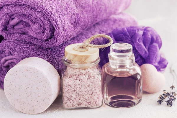 Cerca Foto Lavanda Aromática Baño Sal Esencia Jabón Esponja Para — Foto de Stock